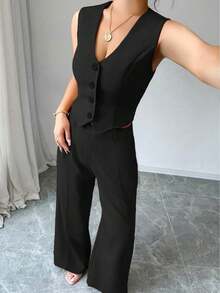 两件套女士商务修身无袖背心和直筒裤套装，适合日常通勤和办公穿着 - 黑色 - 查看 5