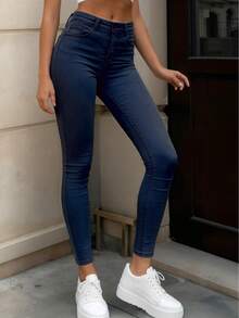 Women's Casual Skinny Denim Jeans With Button And Zipper Detail Medium Stretch Cropped Length - Medium Wash - View 4