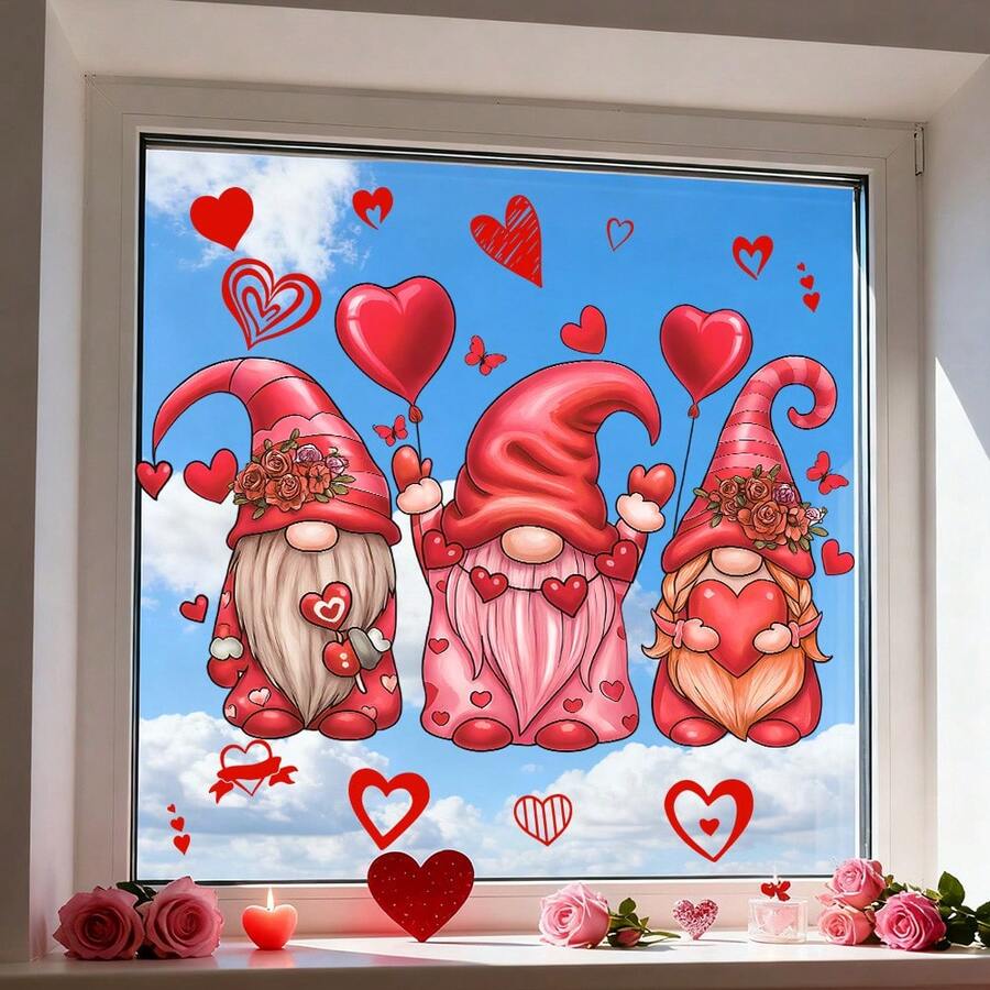 1 buc Inimă romantică de Ziua Îndrăgostiților, Autocolant de sticlă din seria Pisicii Pitice Roz, Material PVC cu adeziv static (detașabil), Potrivit pentru decorațiuni de casă, dormitor, sufragerie și uși din sticlă, Aranjament cameră pentru cupluri, Accente romantice pentru casă, Cadouri de Ziua Îndrăgostiților
