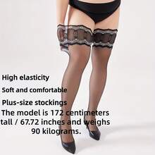 1 Pair Plus Size Women Elegant High Elasticity Color-Block Over-The-Knee Lace Trim Stockings Sexy Thin Transparent Purple Lace Long Thigh-High Socks - 1雙黑色+紅色花邊 - 查看 4