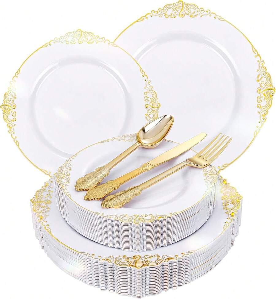 50PCS Platinum Disposable Party Plastic Plates - Including Plastic Silverware - Vintage Tableware Set For 10 Guests - Perfect For Christmas Parties, Birthdays, Weddings And Daily Use - 金色 - 查看 1
