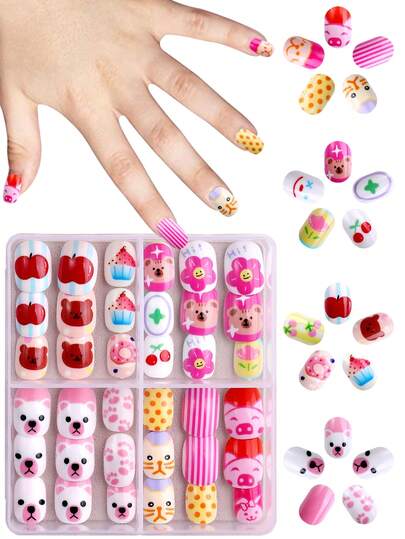 NAIO 96pcs/Set Y2K Stylish Children's Nail Stickers, Acrylic Material, Pre-Coated Gel, Full Coverage, Shiny Cute Patterns Including Bears, Polka Dots, Flowers, Cherries And Donuts. Short Adhesive Nail Art Set, Suitable For Little Girls - Adorable Teddy Bear Theme Party.