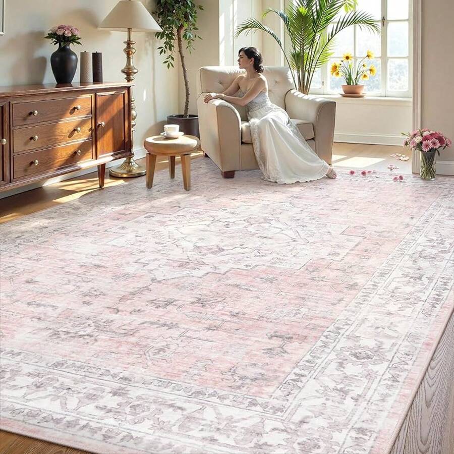 Washable Area Rug 5x7, Non-Slip Boho Neutral Carpet Living Room Bedroom Dining Room Office, Low-Pile Farmhouse Soft Carpet, Tan - Hồng - Xem 1