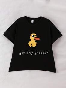 女童卡通鸭子标语印花短袖T恤，女童夏季圆领上衣/衬衫