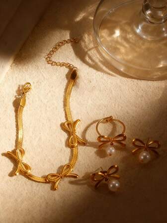 1 Set de Joyas de Acero Inoxidable con Diseño de Lazo: Aretes, Anillo, Pulsera. Diseño minimalista, de moda y enérgico, adecuado para uso diario y para ir al trabajo.