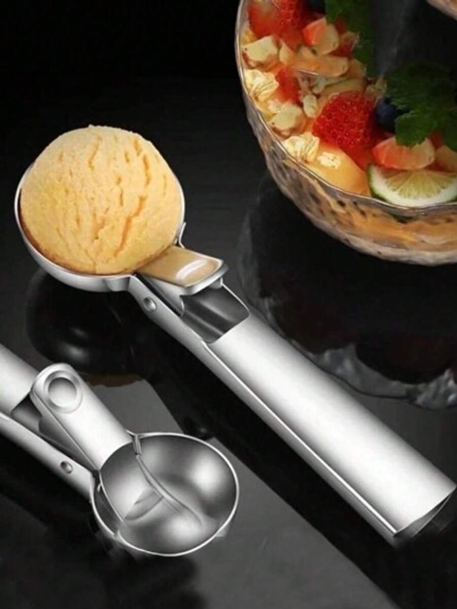 1/2 Pieces Stainless Steel Ice Cream Scoop, Sandblasted Fruit Scoop, Press-Type Ice Cream Scoop, Ice Cream Scoop, Hot Milk Baby Avocado Watermelon Scoop, Fruit Scooping Tool, Spring-Loaded Ice Cream Scoop, Ice Cream, Party, Dinner, Kitchen, Hotel, Cooking, Mother's Day Cuisine - Silver - View 1