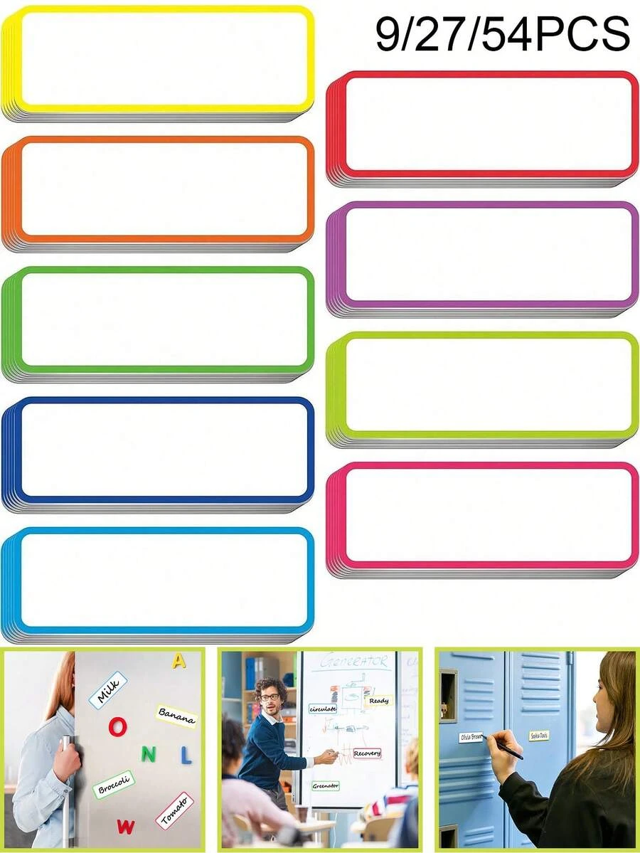 9/27/54pcs Magnetic Dry Erase Labels,Colorful Name Tags,Flexible Reusable Magnetic Label Stickers,Blank Writable Erasable Cards,For White Board, Refrigerator, Locker,Home, Office, Garage,Shelf,Bus - Multicolor - View 1