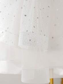 Young Girls' Elegant Pearl Rhinestone Sequin Tulle Trailing Wedding Flower Girl Dress, Suitable For Birthday Party, Graduation, Holiday Celebration, Does Not Include Headband - White - View 9