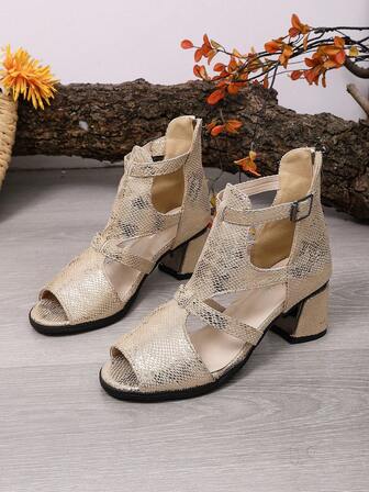 Women's Summer New Roman Style High Heel Sandals, Comfortable Thick Heel Hollow Peep Toe Versatile Slim High Heels