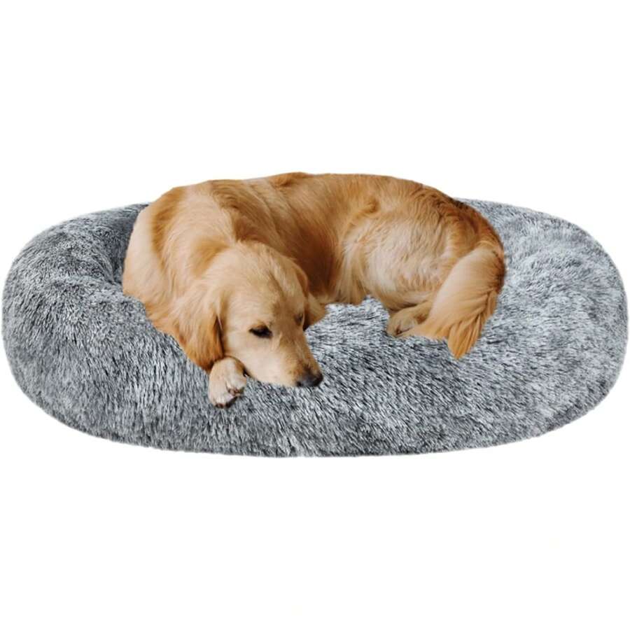 Oval Calming Donut Cuddler Dog Bed,Shag Faux Fur Cat Bed  Round Pillow Pet Bedfor Small Medium Dogs - Grey2021 - 查看 1