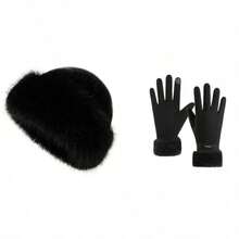 优雅奢华仿毛皮和绒面革抓绒纯色冬季保暖帽和触屏手套套装 - 抓绒袖口和金属扣细节，防寒保暖，适合女性日常通勤和圣诞派对冬季配饰套装 - 彩色 - 查看 13