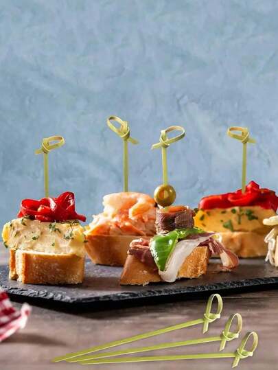 100支蓝绿色花结鸡尾酒签，竹签，适用于开胃菜、水果、食物装饰，适合派对、婚礼、生日、圣诞节等场合。