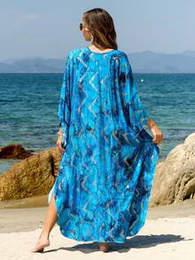 2026 Spring/Summer Fashion Printed V-Neck Batwing Sleeve Maxi Kaftan Dress, Stylish Loose & Comfortable Kaftan Loungewear - Mint Blue - View 2