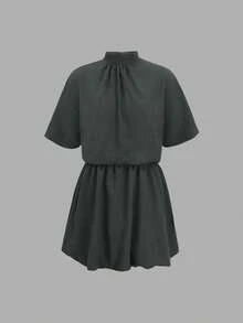 Spring/Summer Fashion Women Casual Pleated Layered High Neck Short Sleeve Lantern Mini Dress - Dark Grey - View 6