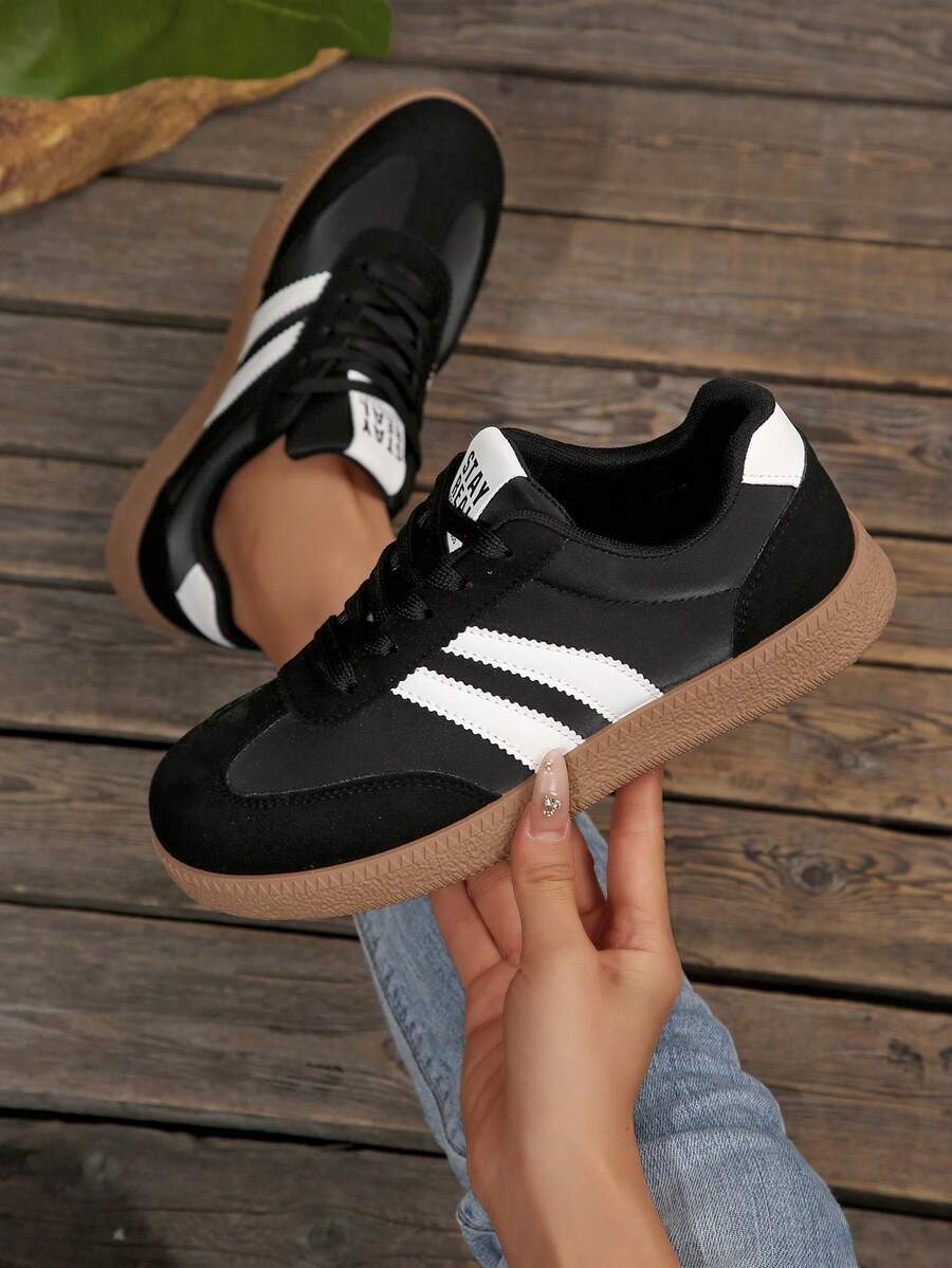 女士休闲百搭豹纹运动鞋，时尚吸睛舒适耐穿橡胶软底运动鞋，透气轻便拼接运动鞋 - 黑色 - 查看 1