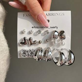 18 piezas Conjunto de aretes con forma de corazón vintage elegante, aretes de botón geométricos minimalistas de cruce, aretes de perlas falsas, adecuados para uso diario y fiestas, regalo de cumpleaños delicado para niñas