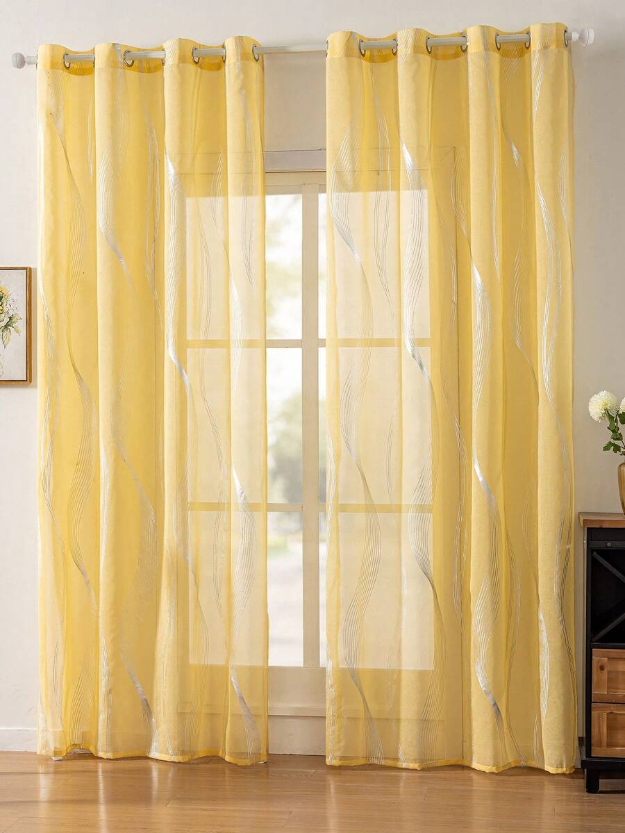 1pc Modern Silver Tassel Pattern Sheer Curtain, Metal Grommet Top, Machine Washable, Decorative Polyester Curtain, Suitable For Living Room, All Seasons, Cordless, Woven, 120-140g - Luxury Style Curtain - Yellow - View 1