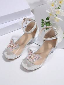 1 par de sandalias de tacón alto de moda para niños 2026, con diseño de mariposa de rhinestone, estilo princesa, sandalias casuales bohemias adecuadas para vacaciones, fiestas y bodas - Plateado - Ver 2