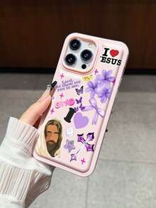 紫色花卉耶稣拼贴图案防震纹理皮革手机壳，兼容苹果17/16 Pro Max、14/13、16、12、11 Pro Max、XS Max、X、XR、8、7、14 Plus，适合作为生日礼物、送给女朋友、男朋友或自用。 - 粉色 - 查看 4