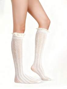 2pairWomen's Lace Knee High Socks, Girls' Pleated Knee High Socks, Black And White Mesh Fishing Net Stockings - 705 - View 3