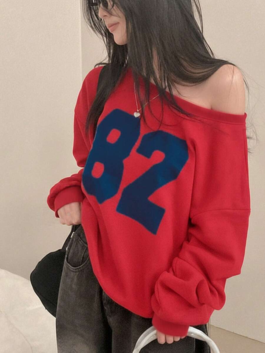 Casual Asymmetric Shoulder Sweatshirt For Women, Loose Fit Numeric Print Oblique Shoulder Top Spring - Red - View 1