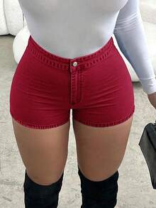 Women's Mid-Rise Stretchy Slim-Fit Classic Denim Shorts | Essential Basic Style - Burgundy - View 3