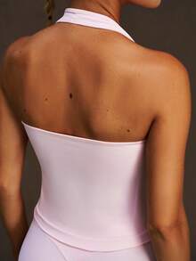 VVX 女士露背吊带运动短款背心，可拆卸胸垫，性感露背，Y2K风格，舒适透气，休闲纯色，柔软面料，适合健身房、日常穿着，四季皆宜。 - 粉色 - 查看 5