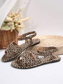 女士新款圆头套脚平底拖鞋，简约搭扣平底凉鞋，时尚简约平底凉鞋，舒适休闲旅行沙滩鞋，有白色、棕色、黑色、豹纹、花卉图案可选 - 彩色 - 查看 5