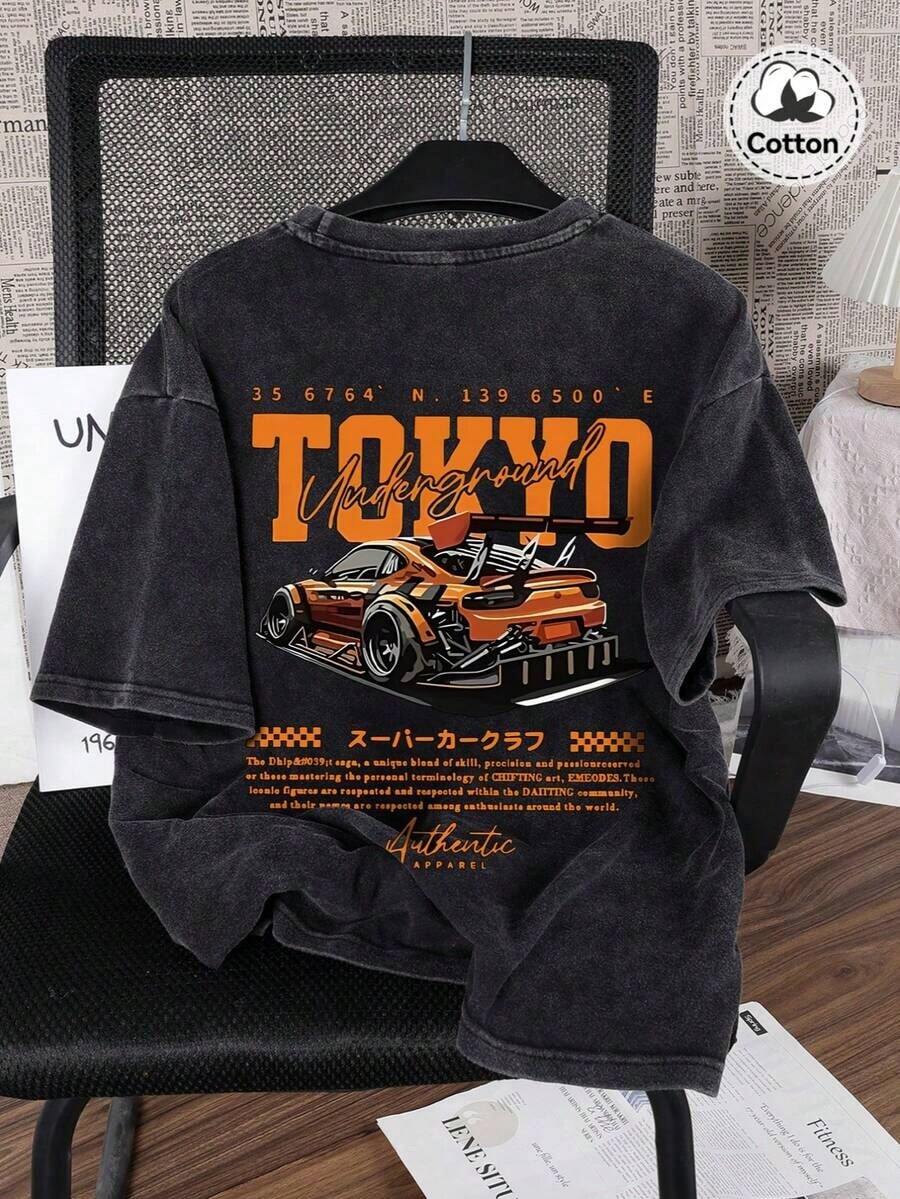 Spring And Summer Racing Pattern Men's T-Shirt Top, Micro Elastic Fit, Washed With Water To Make Old, Cotton Breathable Black Round Neck Short Sleeved T-Shirt, Daily Casual Street T-Shirt Top - Black - View 1