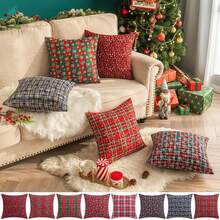 Fundas de almohada cuadradas de 45x45cm, fundas de cojines a cuadros de tartán escocés de Navidad, almohadilla para sofá cama, decoración de, funda de almohada con copos de nieve - 1 pieza rojo verde - Ver 9