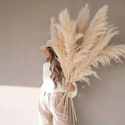 10/16 Bundles 100cm Large Fluffy Beige Pampas Grass, Soft Texture - Boho Farmhouse Dried Flowers Decor, Suitable For Wedding, Fall, Winter, Christmas, Halloween, Thanksgiving, Party And Home Decoration