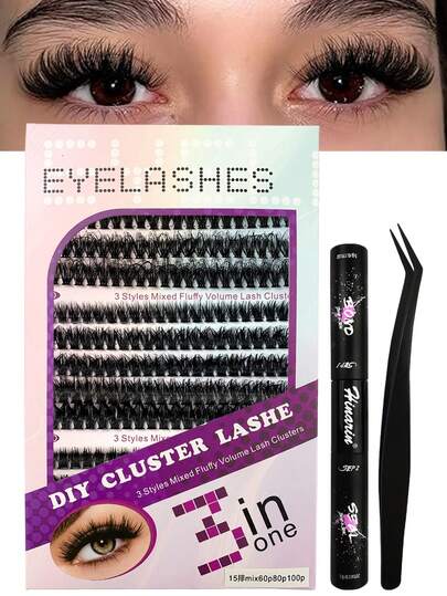 300Pcs D Curl Eyelash Extensions Fluffy 60D+80D+100D Mixed Cluster Lashes Extension Natural Look Individual Eyelashes 8-18MM Lashes Individual Cluster Suitable For Daily And Party Wear False Eyelashes Pack With Tweezers Bond And Seal