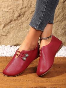 Solid Color Casual Buckle Outdoor Soft Leather Flat Round Toe Slip-On Fashion Loafers - Red - View 5