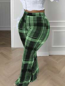 Thời trang nữ mới, kiểu dáng thường ngày, cỡ lớn, thanh lịch, họa tiết kẻ caro cổ điển, quần ống loe siêu ngắn, mùa xuân. - Màu xanh lá cây đậm - Xem 4