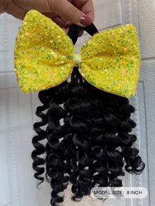 1pc Ponytail With Shiny Bow Clip Hair 8inch Kids Deep Wave Hair Go Afro Kinky Marley With Elastic For Girls - Natural Black - View 3