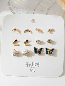 6件套时尚女童耳环，款式包括心形、圆形、月亮、蝴蝶、三角形、海马图案 - 彩色 - 查看 7