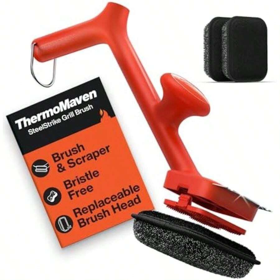 ThermoMaven - Cepillo para Polvo de Parrilla con raspador y 3 Cabezales de Cepillo para Polvo reemplazables, Herramienta de Limpieza Segura sin cerdas, Limpiador de Parrilla para Barbacoa,(Rojo -) - Multicolor - Ver 1