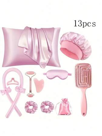 13pcs Sleep Hairstyling Tool Set, Includes Curling Iron, Face Massager, 1pc Pillowcase, Suitable For Blonde Queen Set, No-Heat Curling Set, Night Curler, 1pc Sleep Mask, Women Face Roller Skincare Tool, 1pc Hollow Comb, Polyester Fiber ,Hair Styling Kit ,Hair Tool Kit