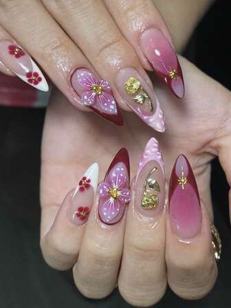 24 piezas Juego de uñas en forma de almendra, degradado 3D estereoscópico de resina, decoración de flor de rosa y bola de acero, uñas acrílicas artificiales de cobertura completa, adecuadas para que las mujeres las usen de manera casual, para el trabajo, fiestas, bailes y otras decoraciones de arte de uñas