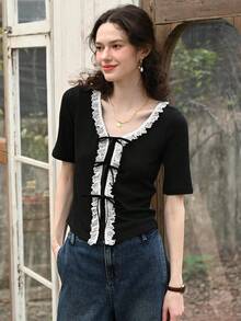 Simple Retro Women's Short Sleeve Cardigan With A Laced Front And Contrasting Ruffle Detail - Black - View 4