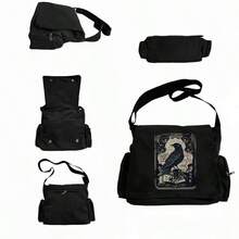 大容量乌鸦印花单肩包，复古翻盖手提斜挎包，适合各种场合——购物、旅行、用餐、送礼，大号斜挎包，女士小手提包，高品质女士背包，女士迷你单肩包，耐用面料，时尚，可作笔记本电脑包，书包，学院风学生单肩包，适合工作、学习和户外活动 - 黑色 - 查看 4