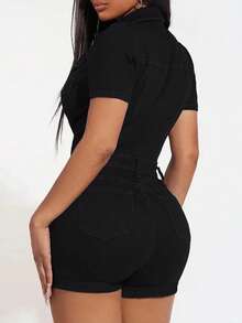 Stretch Denim Jumpsuit Shorts | Figure-Hugging Lapel Collar & Rolled Hem - 黑色 - 查看 2