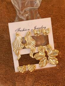 2/8件套对称花瓣蝴蝶结心形耳钉套装，镀金，适合日常佩戴，可作为礼物送给家人、朋友和她 - 金黃色 - 查看 9