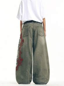 1pc Hong Kong Style High Street 3D Embroidered Floral Fashion Versatile Men's Washed Loose Wide Leg Jeans (Product Does Not Include Belt And Accessories) - Blue - View 8