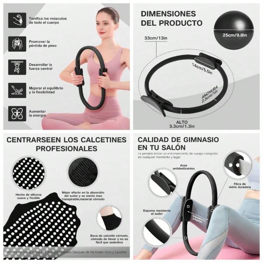 CHOICE Pilates Kit Casa Incluye Aro Pilates 25Pulgada, Pelota Pilates Pequea y 1 Paar Calcetines de Yoga, Anillo y Pelota Chica 25cm de Yoga, para Tonificar Los Msculos de Brazos y Muslos - Negro - Ver 1