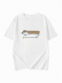 Japanese Style Women Loose Casual Round Neck Versatile Cartoon Dachshund Print Short Sleeve T-Shirt, Spring/Summer - White - View 3