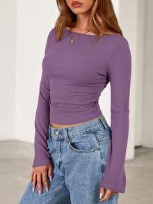 Fall New Arrival Women's Long-Sleeve Top Crop-Top Style Casual Outerwear Boat Neck With Bell Sleeves Ribbed Pleated Design Millennial-Inspired Fashion - 紫色 - 查看 4