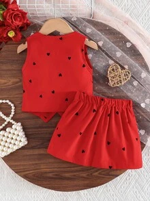 2pcs/Set Baby Girls' Heart Pattern Sleeveless Top And Elegant Pleated Skirt With Bow, Fashion Summer Outfit - Red - View 2