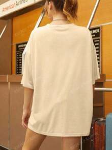 Florida Palm Tree Pattern T-Shirt - Women's Casual Vacation Short Sleeve T-Shirt, Palm Tree And Surfboard Graphic, Round Neck Short Sleeve Top, Suitable For Summer Clothing, Beach Wear|   Vacation Vibe Shirt|   Comfortable Wear, Beach Shirt-White And Navy Off-The-Shoulder Cropped Top (Unisex) - trắng - Xem 2