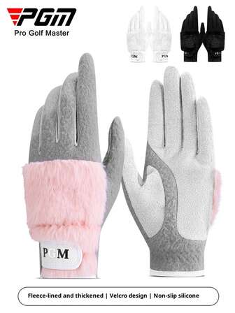 1 Pair PGM Golf Gloves For Women, Thermal Lined, Faux Rabbit Fur, Warm, Full Finger, White, Pink, Black, Autumn/Winter